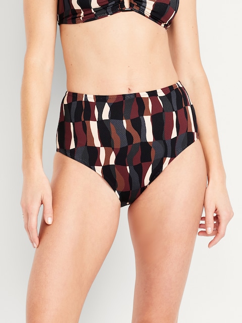 Bas de bikini texturé à taille haute - Brun