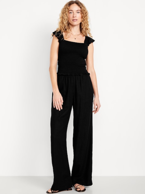 Pantalon à jambe large en mélange de lin taille haute