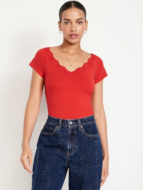 Lace-Trim V-Neck Top