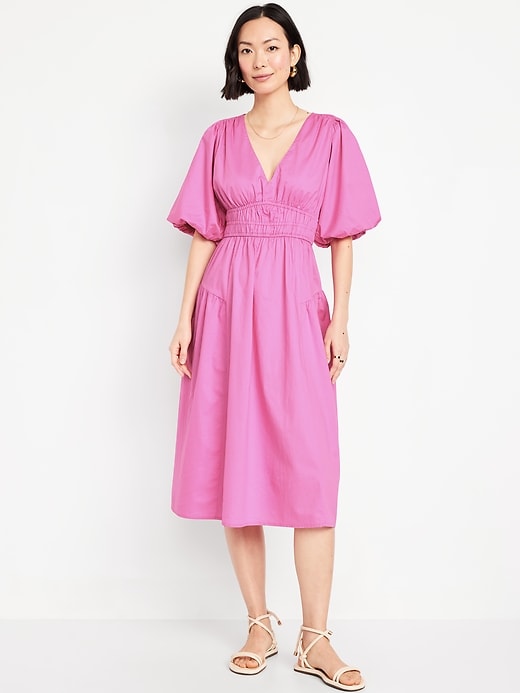 Image number 1 showing, Waist-Defined Puff-Sleeve Midi Dress