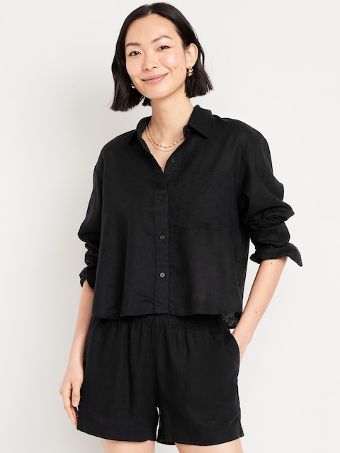 Linen-Blend Button-Down Crop Shirt