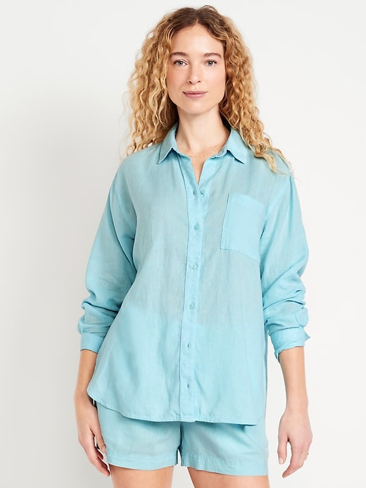 Image number 1 showing, Linen-Blend Loose Button-Down Shirt