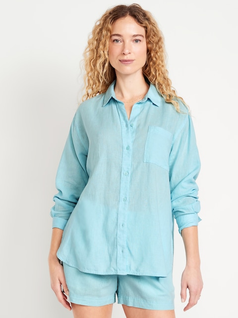 Linen-Blend Loose Button-Down Shirt