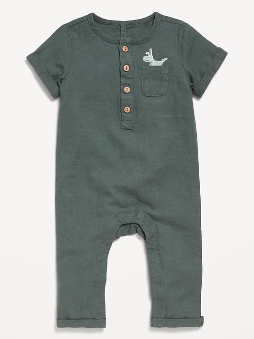 View large product image 2 of 2. Short-Sleeve Henley Linen-Blend One-Piece for Baby