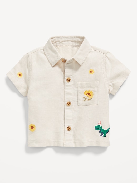 View large product image 2 of 2. Embroidered Short-Sleeve Linen-Blend Shirt for Baby