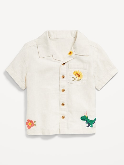 View large product image 2 of 2. Embroidered Short-Sleeve Linen-Blend Shirt for Toddler Boys