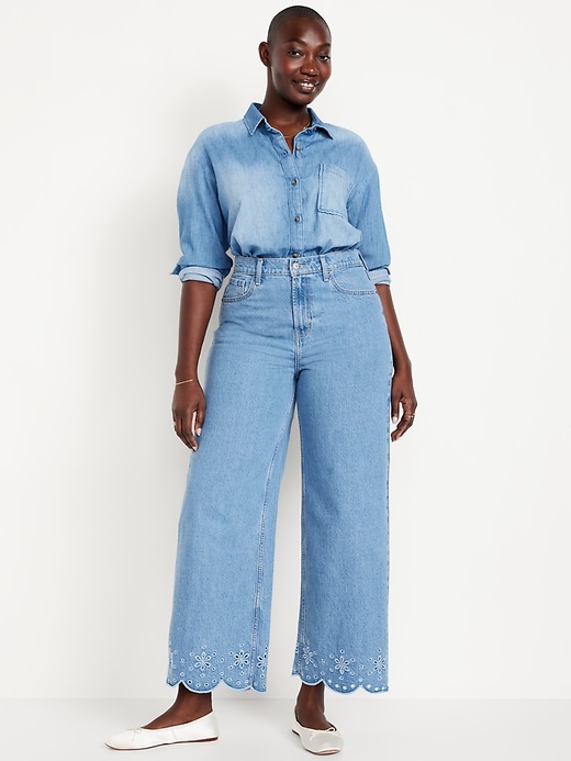 Image number 4 showing, High-Waisted Baggy Wide-Leg Eyelet Ankle Jeans