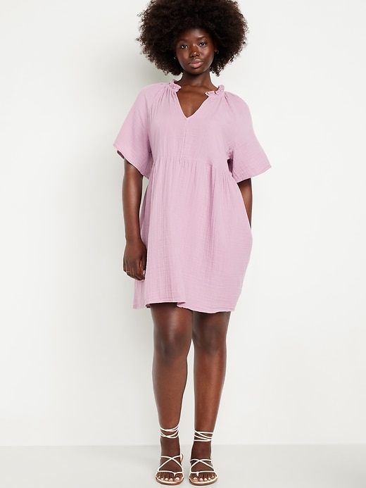 Image number 4 showing, Split-Neck Crinkle Gauze Mini Swing Dress