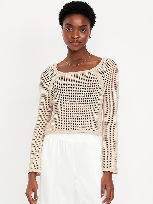 Image number 1 showing, Open-Stitch Cropped Bouclé Sweater