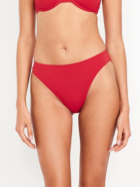 Mid-Rise Textured Bikini Swim Bottoms - Red