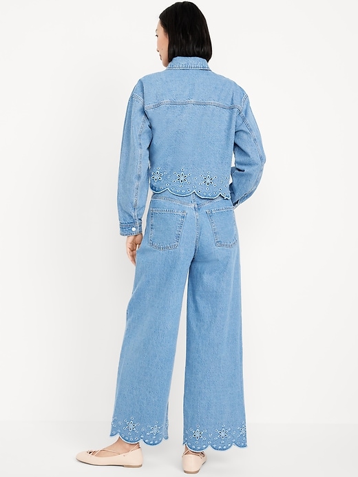 Image number 3 showing, High-Waisted Baggy Wide-Leg Eyelet Ankle Jeans