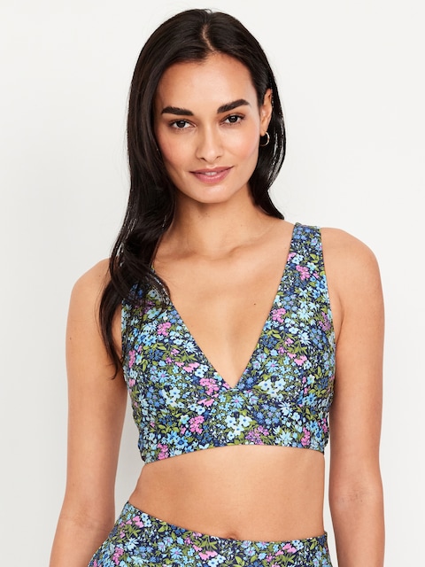 Matte Longline Bikini Swim Top - Blue Ditsy Floral