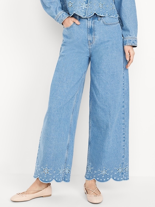 Image number 2 showing, High-Waisted Baggy Wide-Leg Eyelet Ankle Jeans