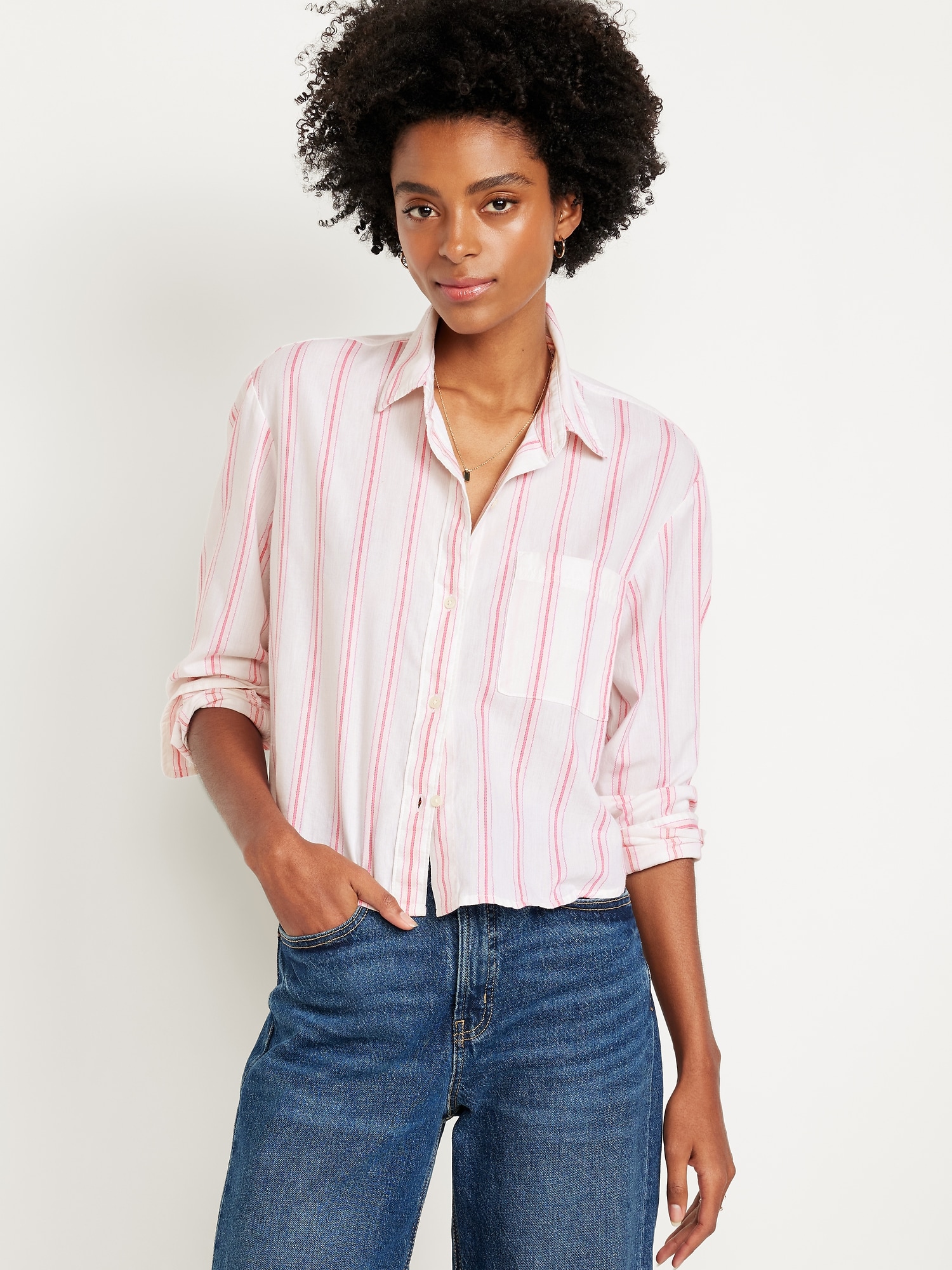 Cropped Button-Down Striped Shirt