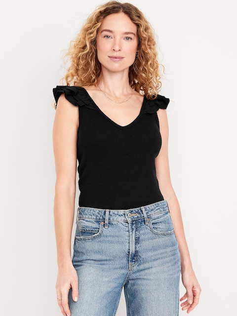 Ruffle-Trim Mixed Material Top