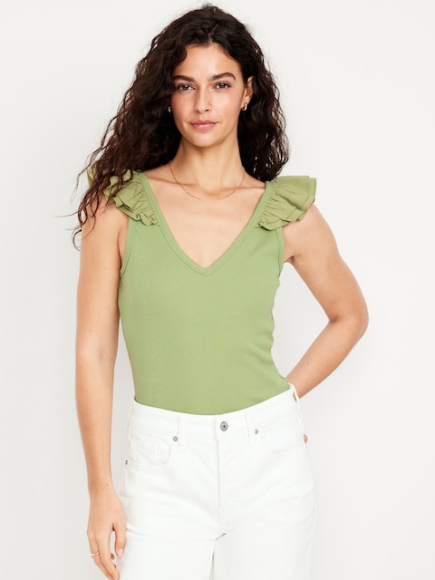Ruffle-Trim Mixed Material Top