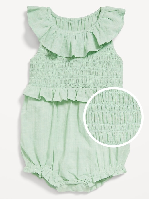 View large product image 1 of 2. Sleeveless Ruffle-Trim Smocked One-Piece Romper for Baby