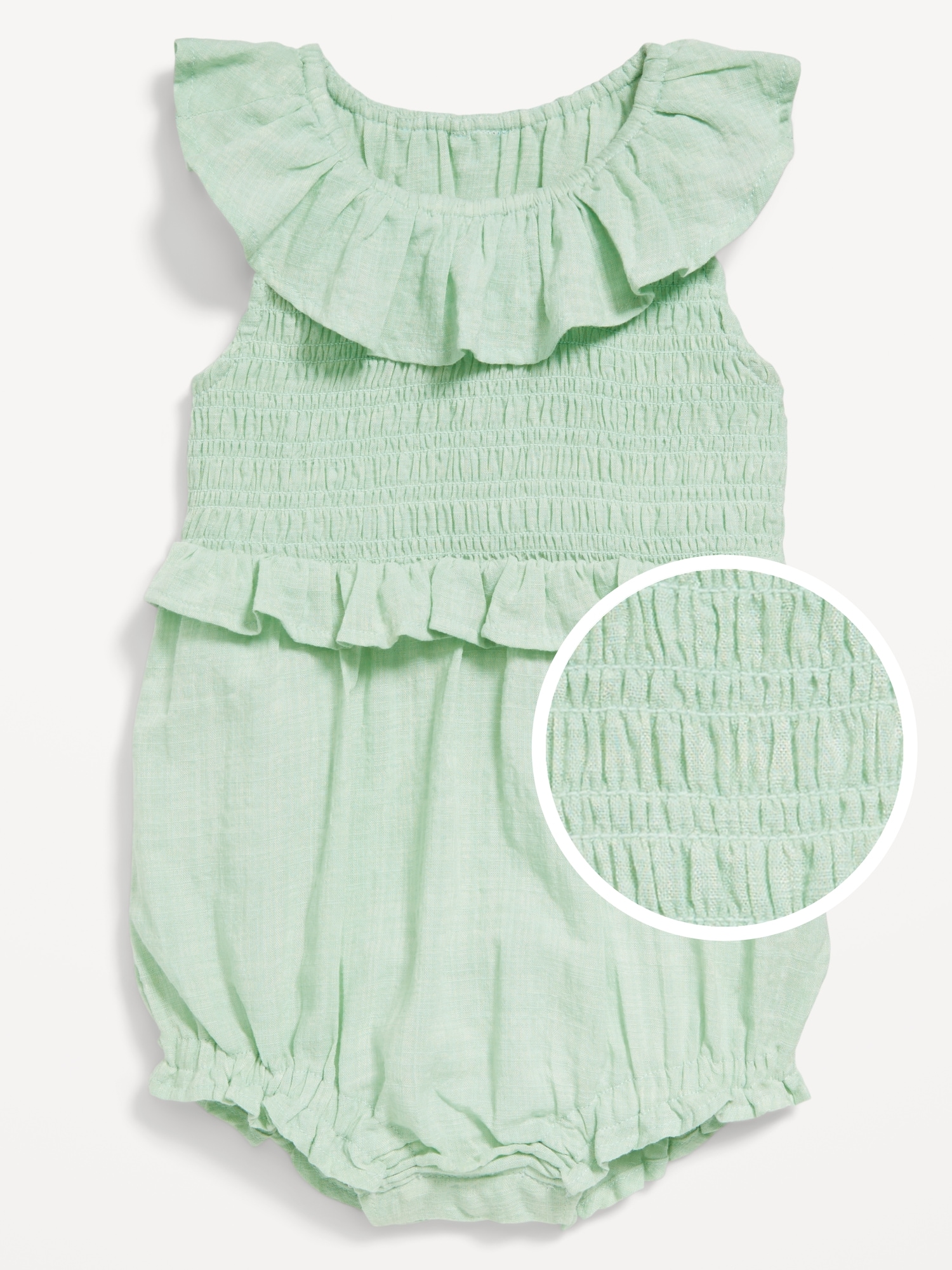 Sleeveless Ruffle-Trim Smocked One-Piece Romper for Baby