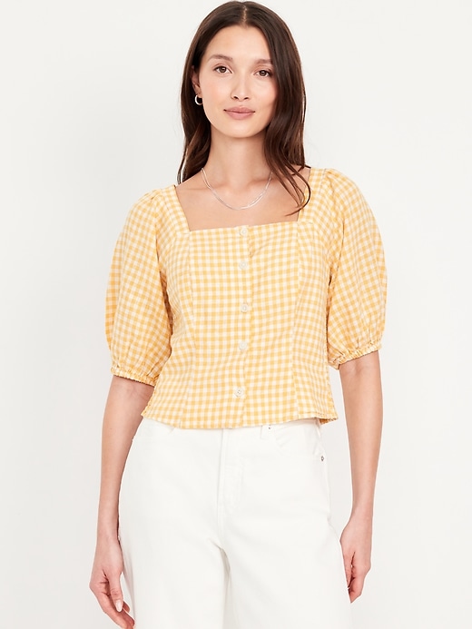 Image number 1 showing, Puff-Sleeve Linen-Blend Gingham Top