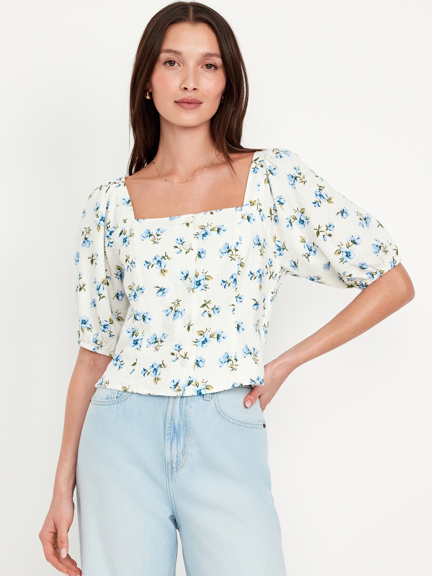 Puff-Sleeve Linen-Blend Floral Top