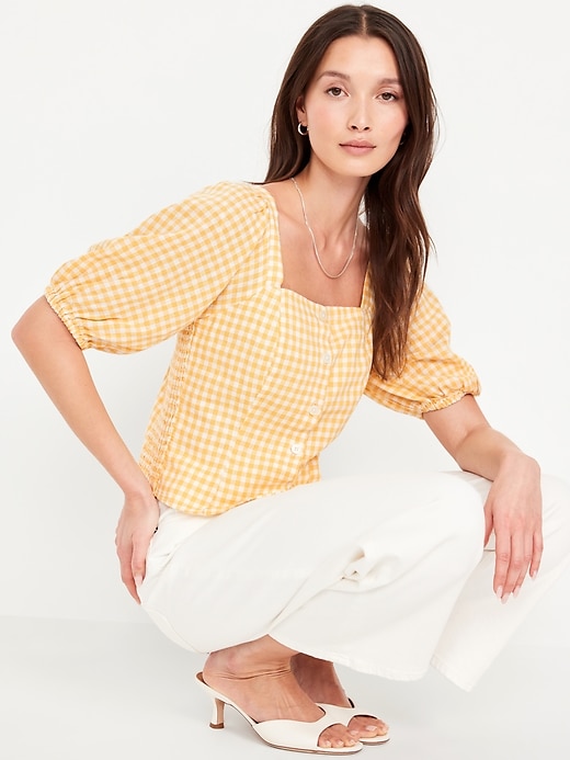 Image number 3 showing, Puff-Sleeve Linen-Blend Gingham Top