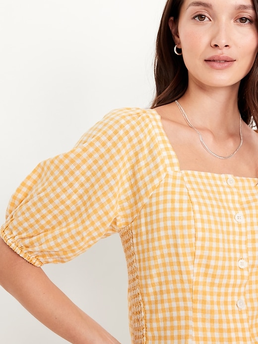 Image number 4 showing, Puff-Sleeve Linen-Blend Gingham Top