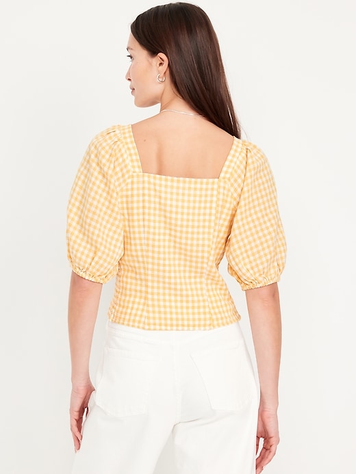 Image number 2 showing, Puff-Sleeve Linen-Blend Gingham Top