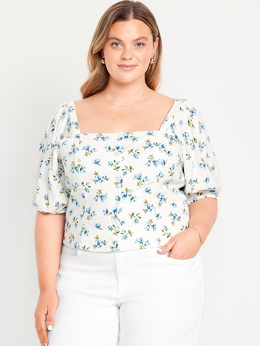 Image number 7 showing, Puff-Sleeve Linen-Blend Floral Top