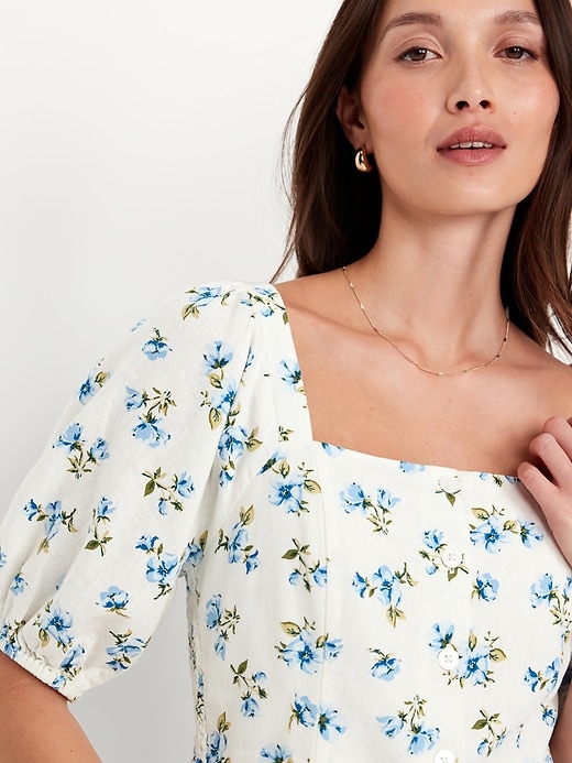 Image number 4 showing, Puff-Sleeve Linen-Blend Floral Top