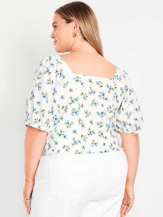 Image number 8 showing, Puff-Sleeve Linen-Blend Floral Top