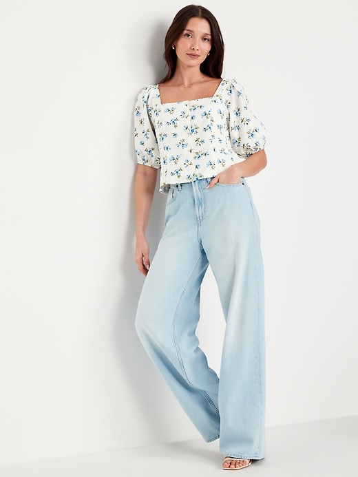 Image number 3 showing, Puff-Sleeve Linen-Blend Floral Top