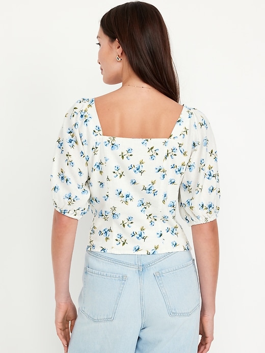 Image number 2 showing, Puff-Sleeve Linen-Blend Floral Top