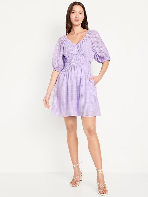 Image number 1 showing, Waist-Defined Puff-Sleeve Seersucker Mini Dress