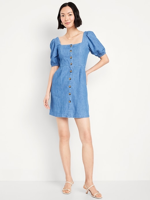 Image number 1 showing, Puff-Sleeve Jean Mini Dress