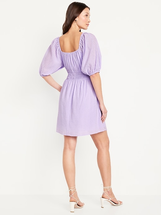 Image number 2 showing, Waist-Defined Puff-Sleeve Seersucker Mini Dress