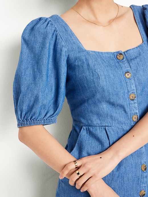 Image number 3 showing, Puff-Sleeve Jean Mini Dress