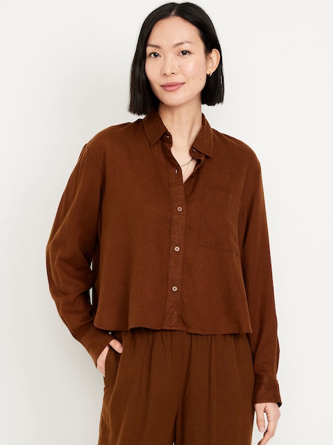 Linen-Blend Button-Down Crop Shirt