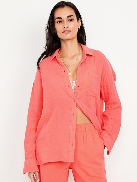 Image number 1 showing, Crinkle Gauze Loose Button-Down Shirt