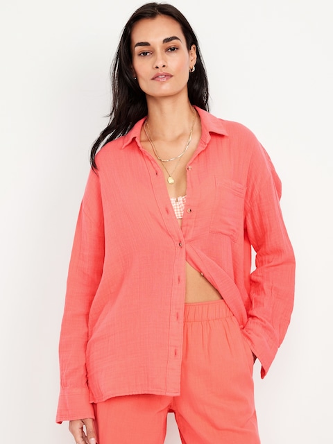 Crinkle Gauze Loose Button-Down Shirt
