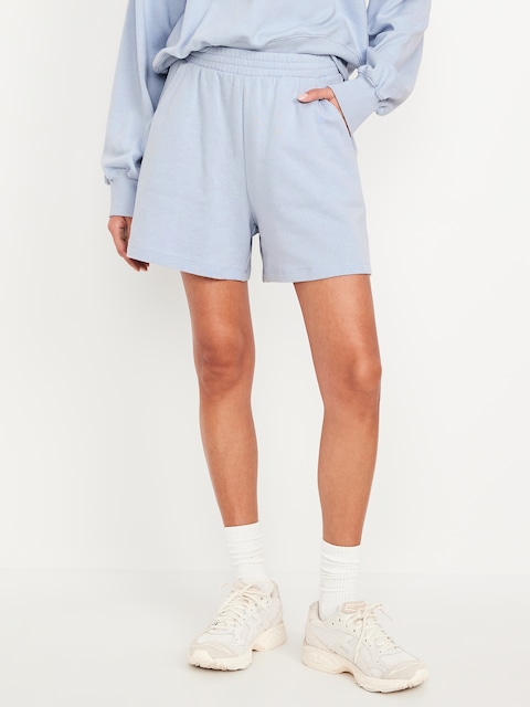Short en coton ouaté PurConfort à taille très haute, entrejambe de 12,5 cm - Bleu