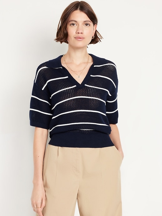 Image number 1 showing, Open-Stitch Polo Sweater