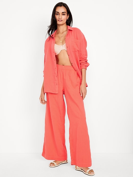 Image number 1 showing, High-Waisted Crinkle Gauze Wide-Leg Pants