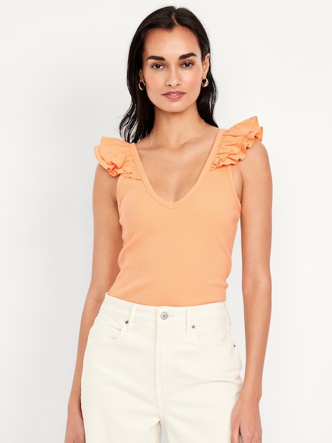Ruffle-Trim Mixed Material Top