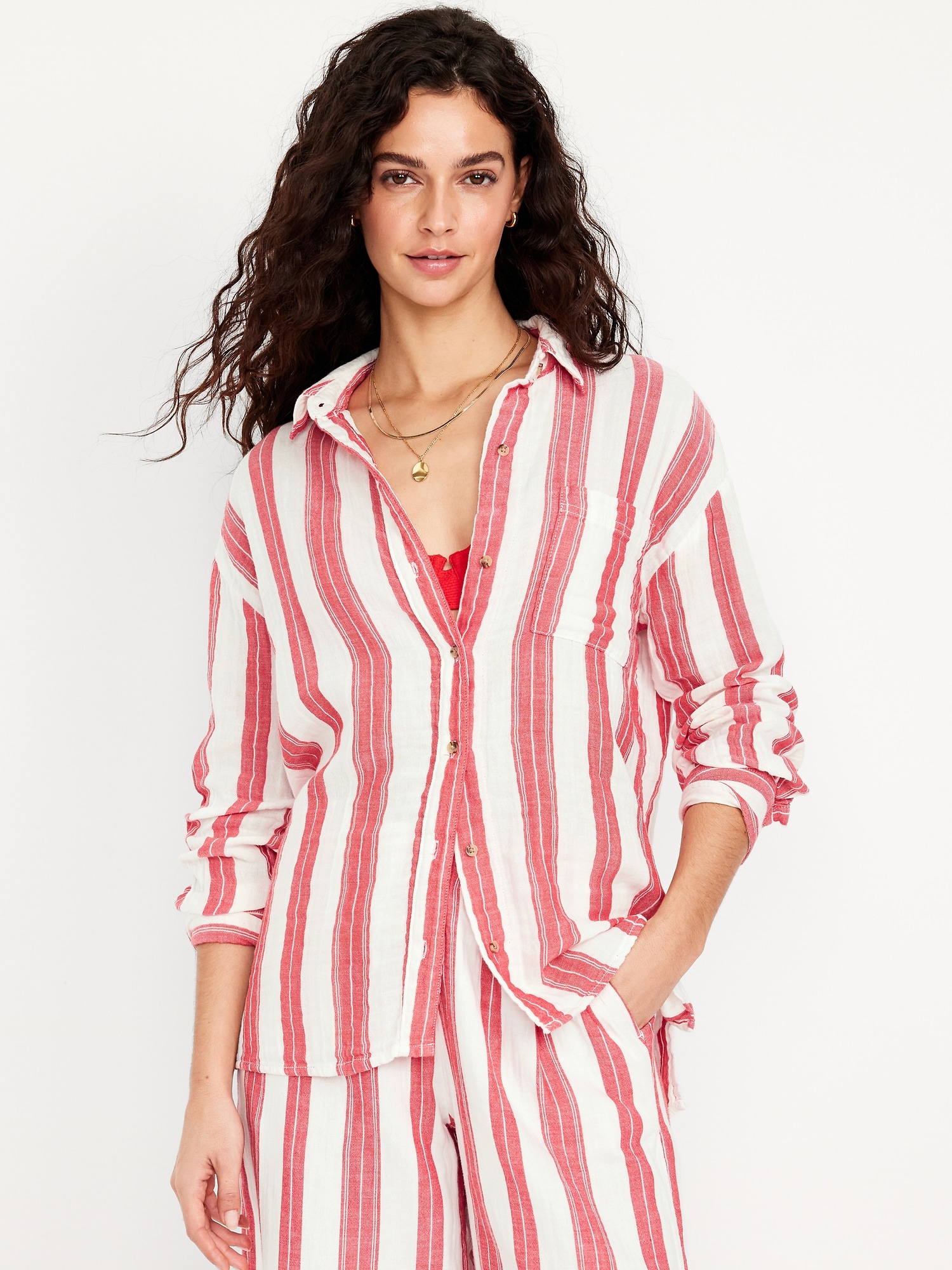 Crinkle Gauze Button-Down Shirt