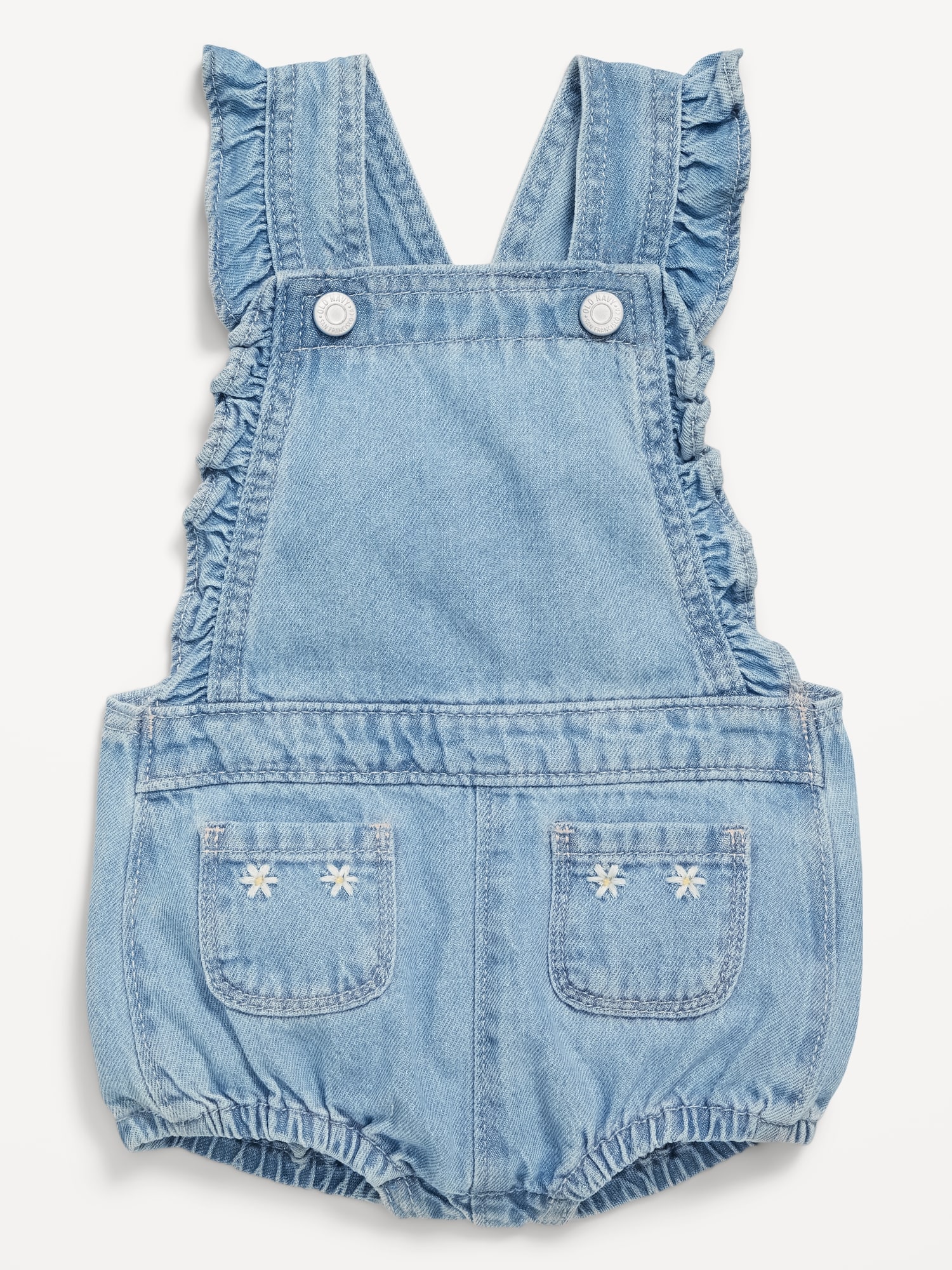 Ruffle-Trim Jean Pocket Shortalls for Baby