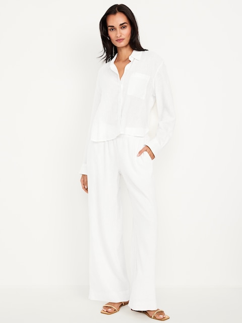 Pantalon à jambe large en mélange de lin taille haute