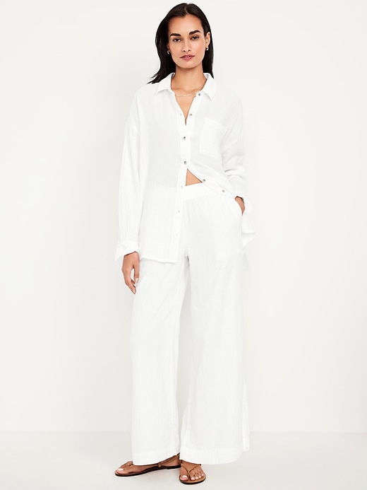 Image number 1 showing, High-Waisted Crinkle Gauze Wide-Leg Pants