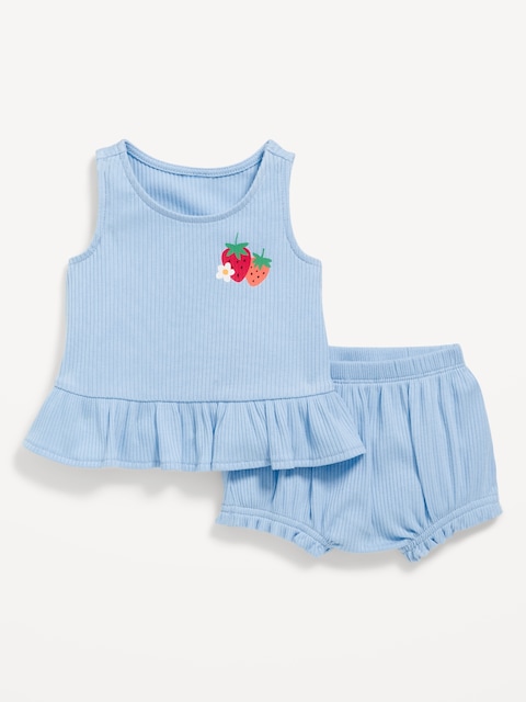 Sleeveless Ribbed Ruffle-Trim Top and Shorts Set for Baby - Contrail