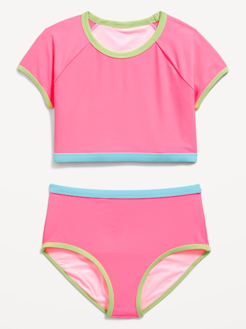 Color-Block Raglan-Sleeve Swim Set for Girls