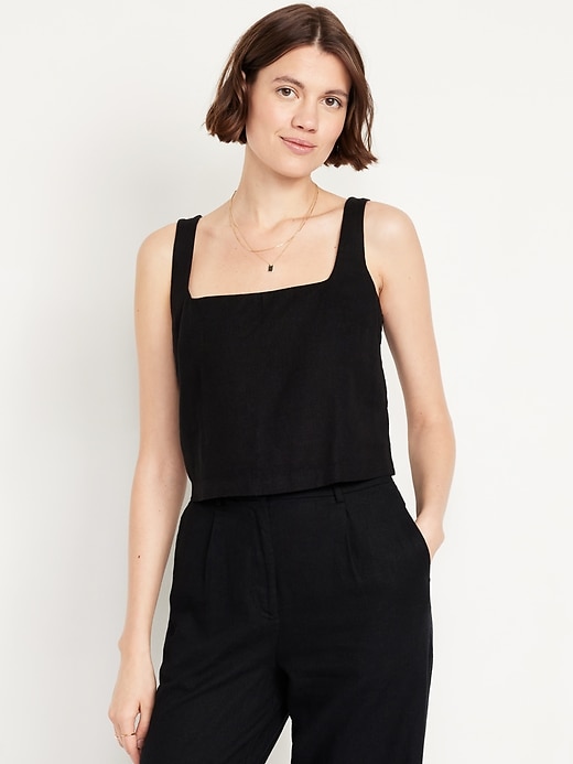 Image number 1 showing, Square-Neck Linen-Blend Crop Tank Top